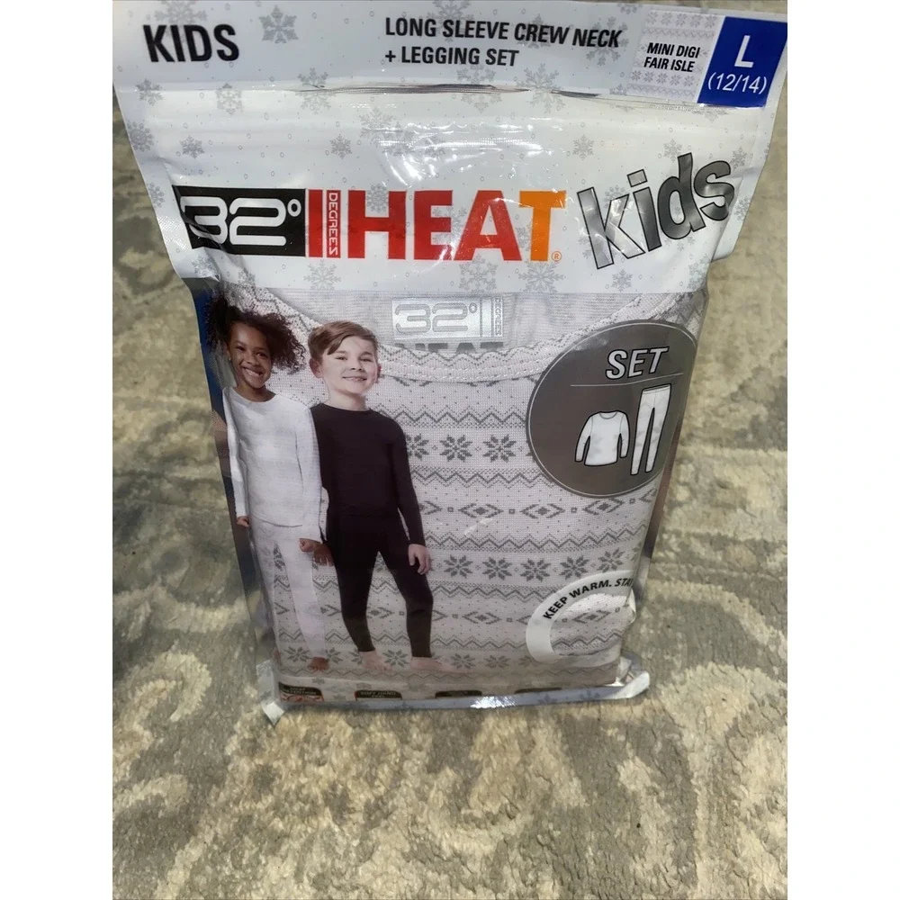 New 32 Degree Heat Long‎ Sleeve Shirt & Pants Set White Gray Kids Sz Large 12/14
